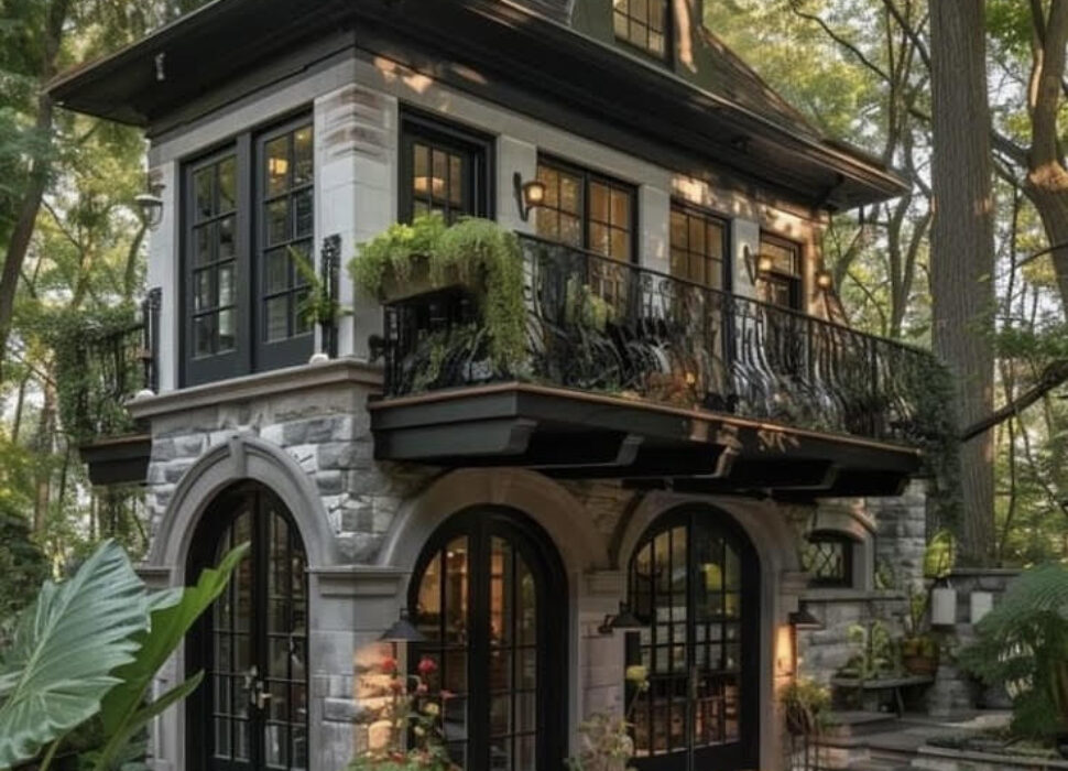 A house with stairs and balcony in the middle of trees.