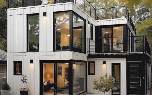 A modern house with many windows and doors.