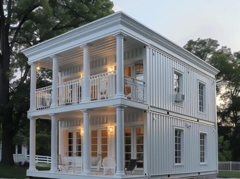A large white house with two balconies and a porch.
